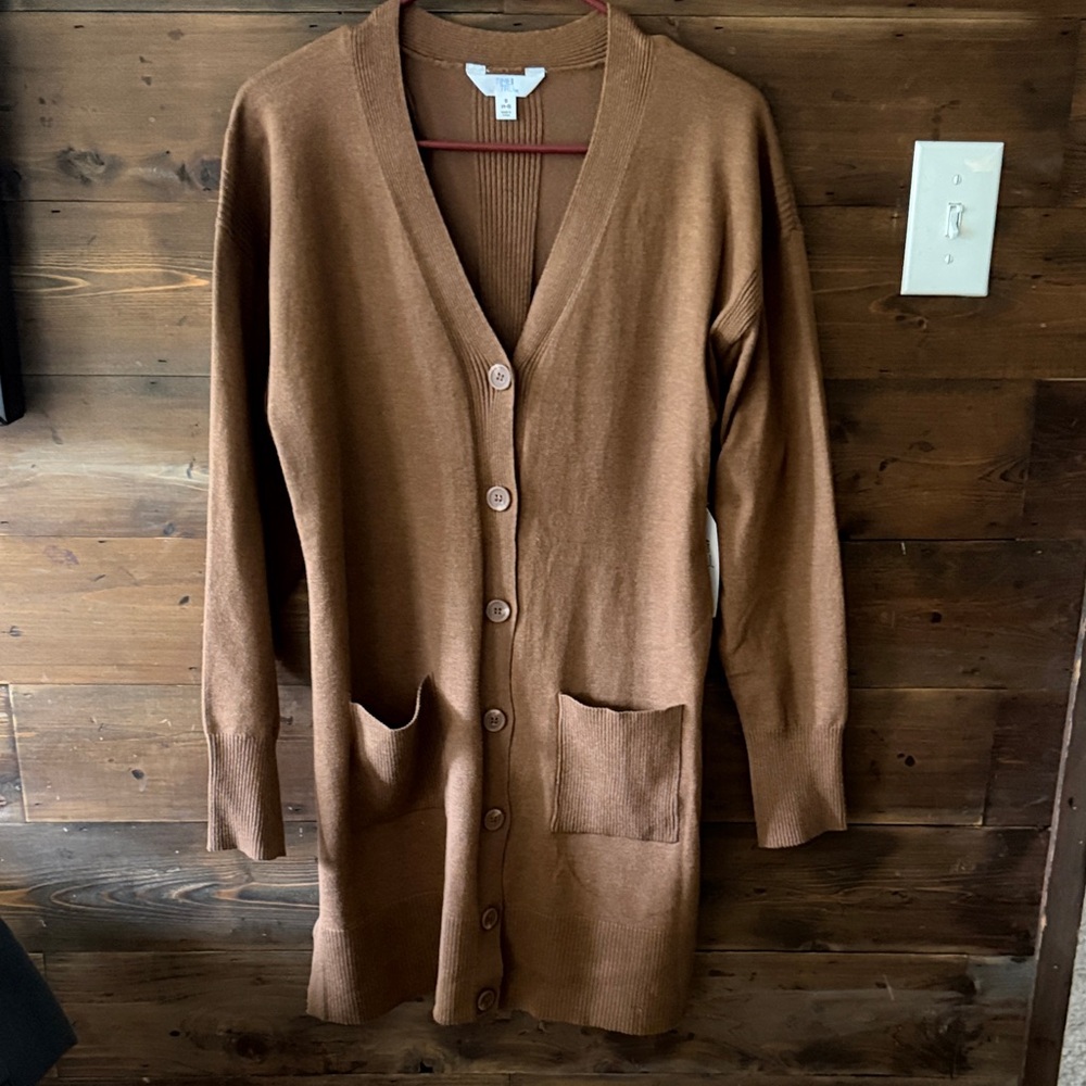 Long Button-Front Brown Cardigan